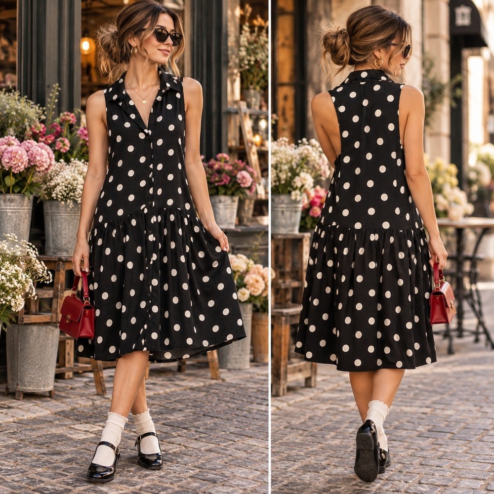 Xhilaration XXL Black White Polka Dot Drop Waist Button Front Midi Dress